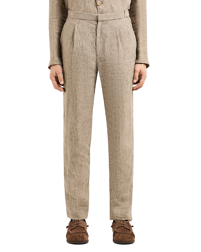 Emporio Armani Linen Crȇpe -effect Pleated Trousers In Dark Beige