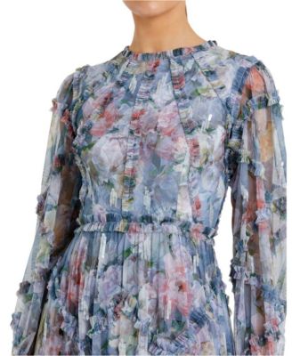 Long Sleeve High Neck Sequin Detail Ruffle Gown