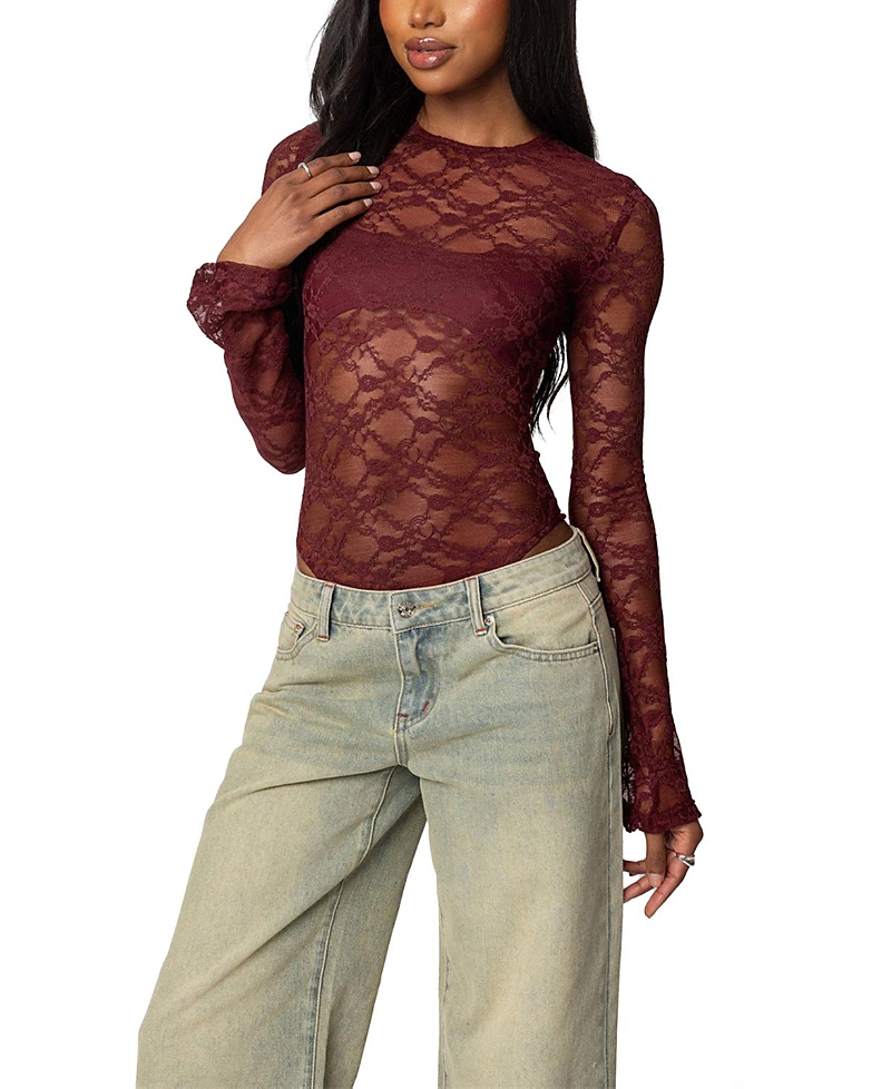 Shop Edikted Colette Sheer Lace Bodysuit In Burgundy