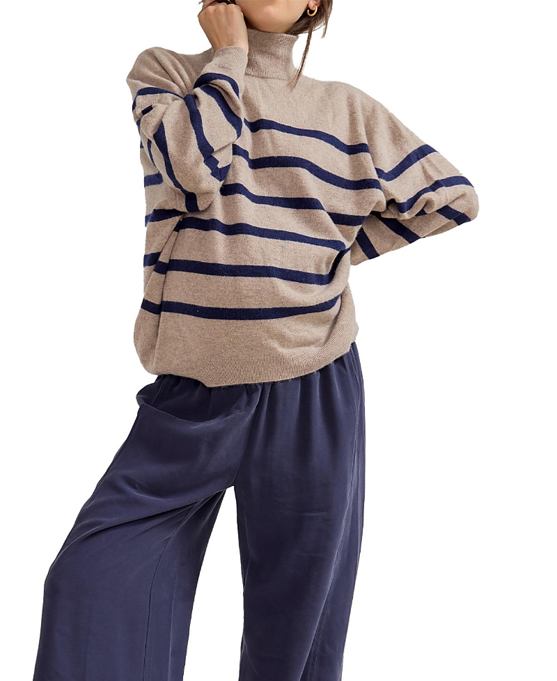 Hatch Collection The Maternity Estella Cashmere Turtleneck In Oat Melange/navy Stripe