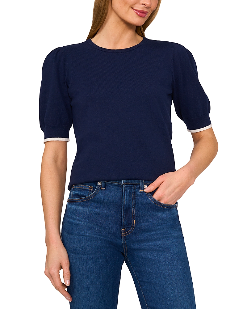 Cece Contrast Edge Puff Sleeve Cotton Sweater In Classic Navy