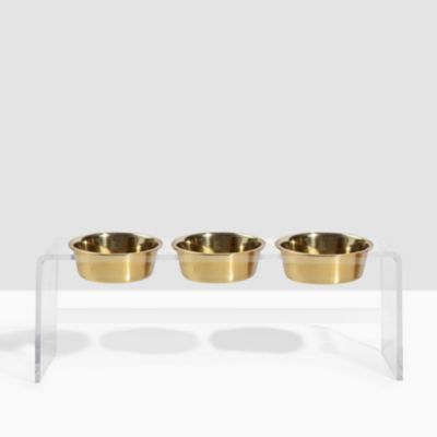 Tall Clear Triple Dog Bowl Feeder with 2 Quart Gold Bowls