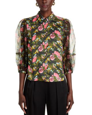 Impressionist Floral Sheer Sleeve Blouse
