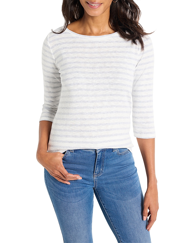 Nzt By Nic+zoe Three Quarter Sleeve Stripe Boat Neck Tee In Grey Multi
