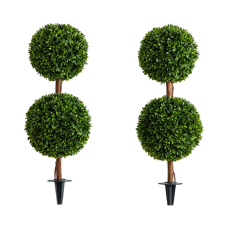 Nearly Natural 3' Uv Resistant Artificial Double Ball Boxwood Topiary With Integrated Ground Stake (indoor/outdoor) In Green