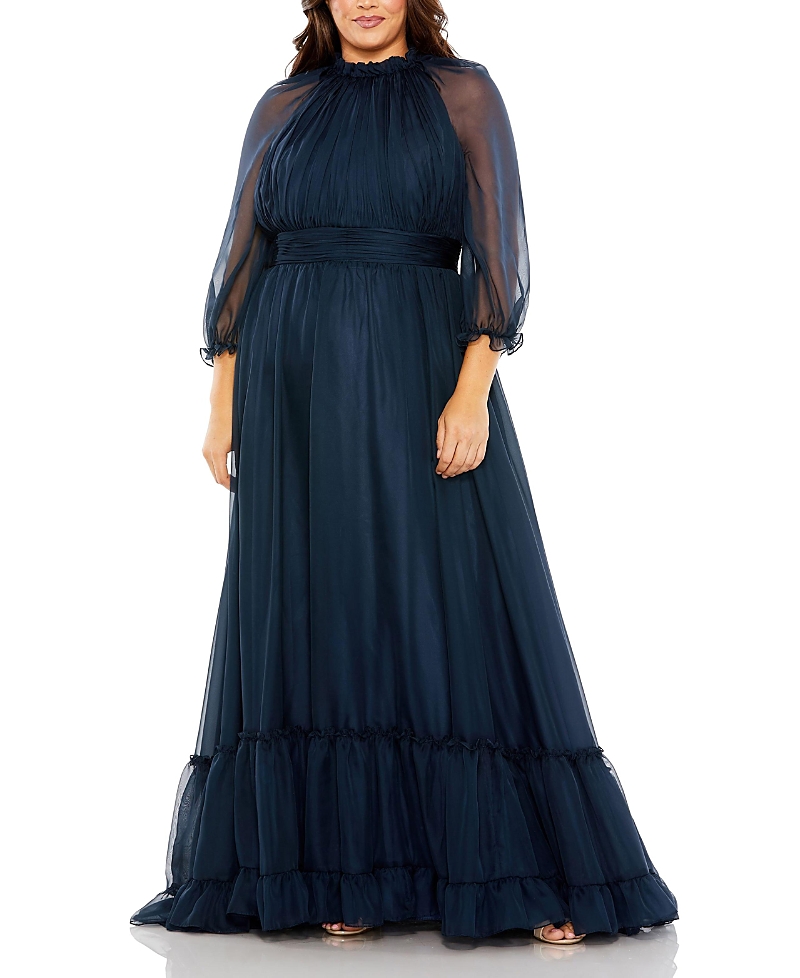 Mac Duggal High Neck Puff Sleeve Tiered A Line Gown In Midnight