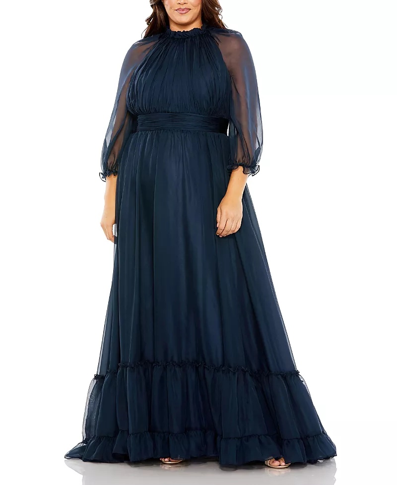 Mac Duggal Plus High Neck Puff Sleeve Tiered A Line Gown