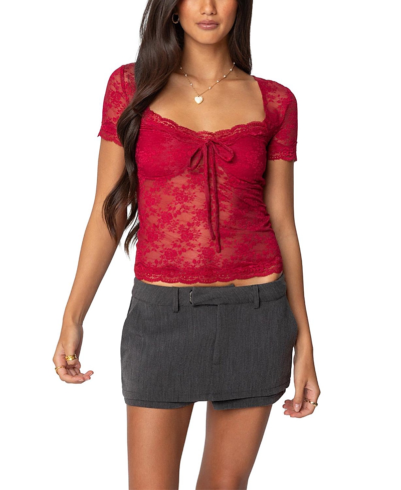 Shop Edikted Roxana Sheer Lace Top In Burgundy