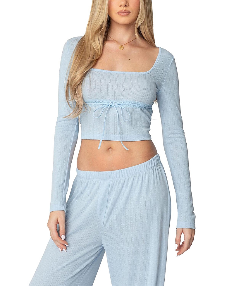 Edikted Ren Pointelle Long Sleeve Crop Top In Light Blue