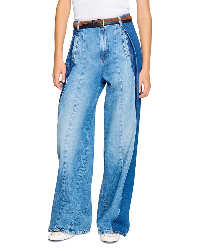 Sandro High Rise Contrast Panel Jeans In Blue Jean
