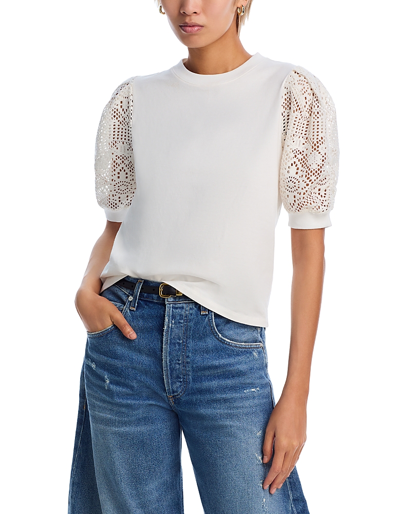 Frame Frankie Lace Puff Sleeve T-shirt In White