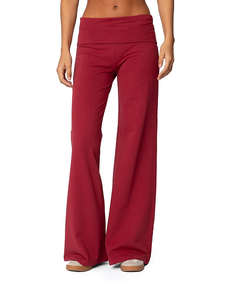 Shop Edikted Wide Leg Fold Over Pants In Burgundy