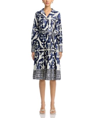 Floral Long Sleeve Lapel Collar Tie Belt Dress