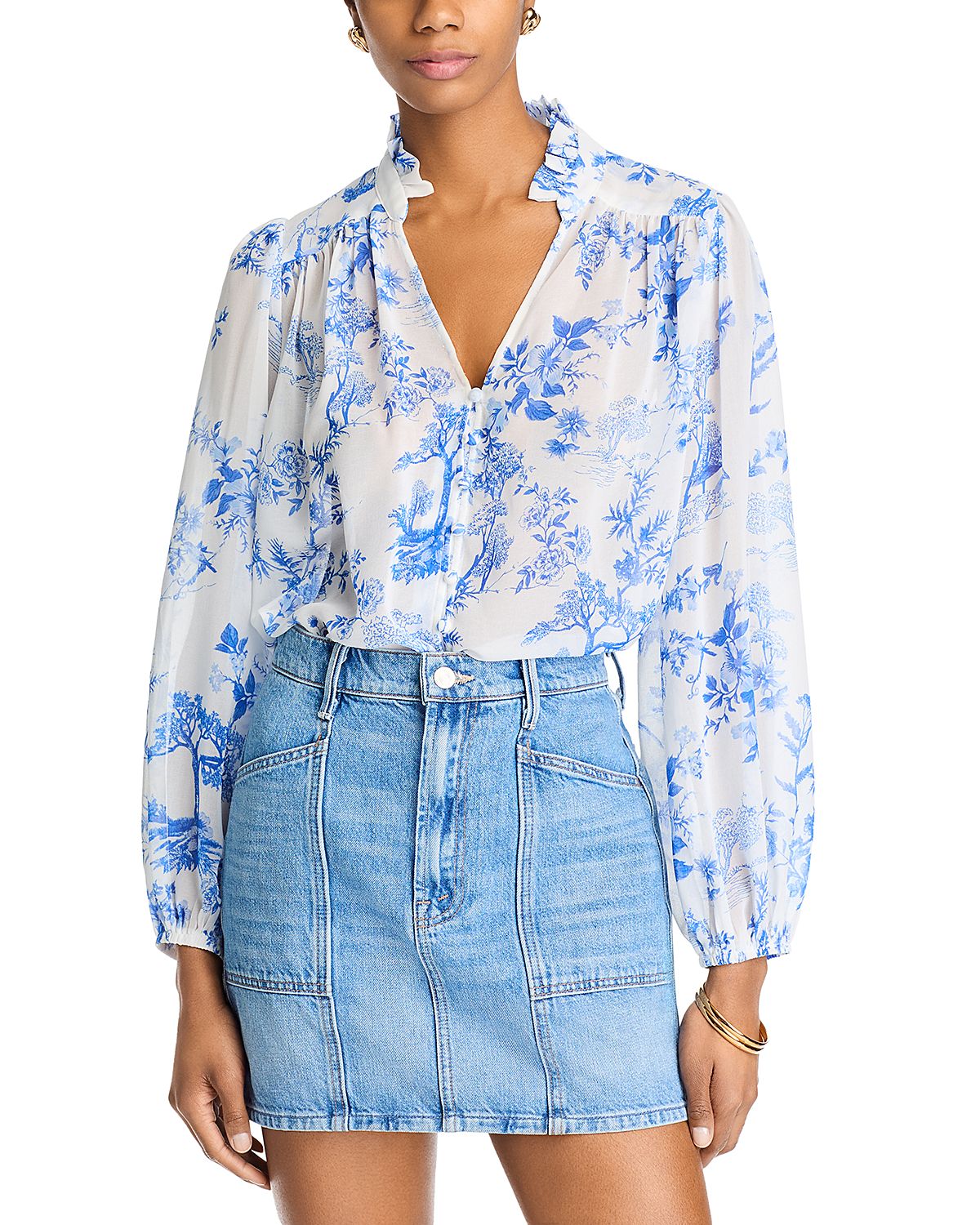 Aqua Toile Ruffle Blouse - Exclusive