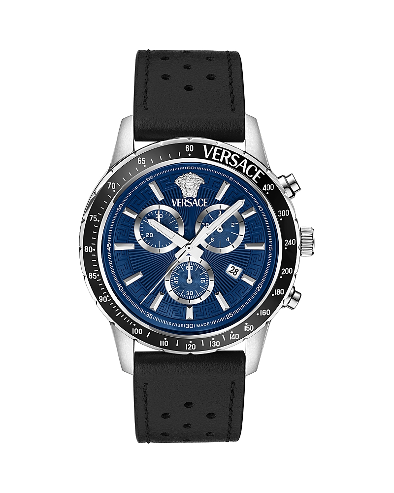 Versace Men's Sport Chrono Silver Stainless Steel And Leather Strap Watch, 44mm In Black/blue
