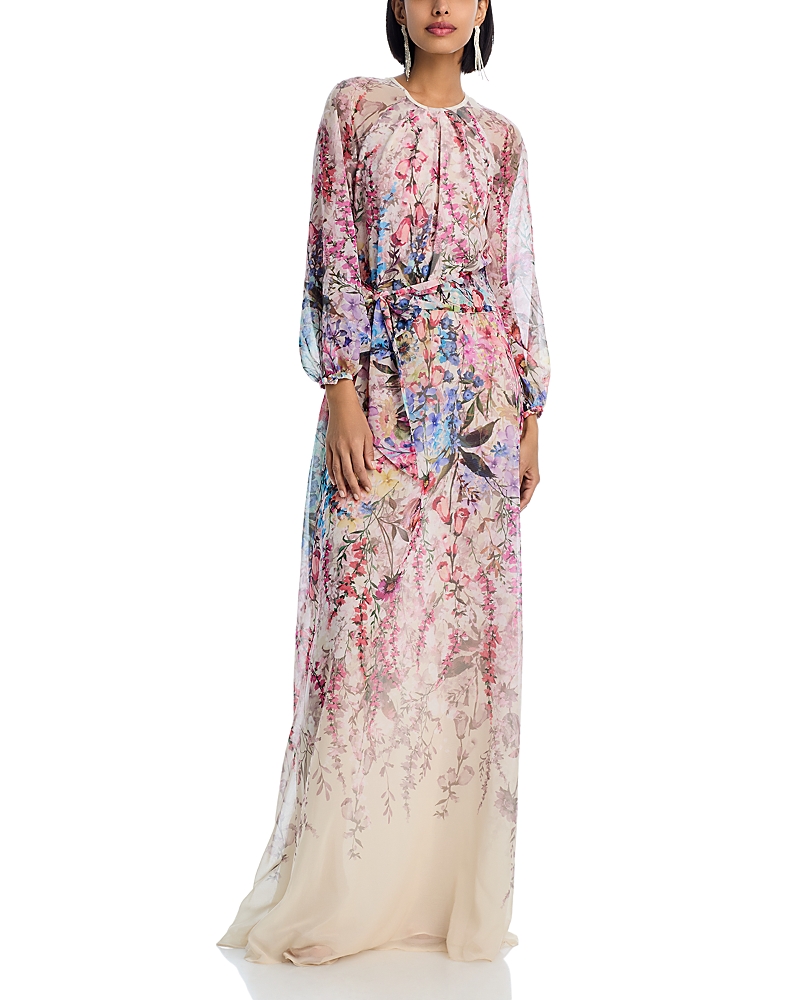 Teri Jon Women's Chiffon Floral Tie-waist Gown In Ivory Multi
