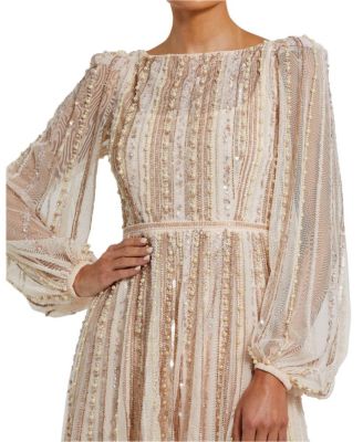 Boat Neck Long Sleeve Gown with Striped Beading