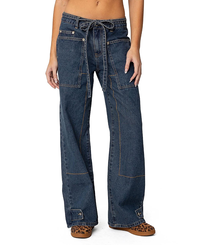 Edikted Funky Stitch Dark Blue Washed Low Rise Jeans In Dark Blue Washed