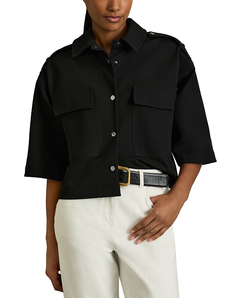 Reiss Black Cropped Twill Shirt Jacket In Black