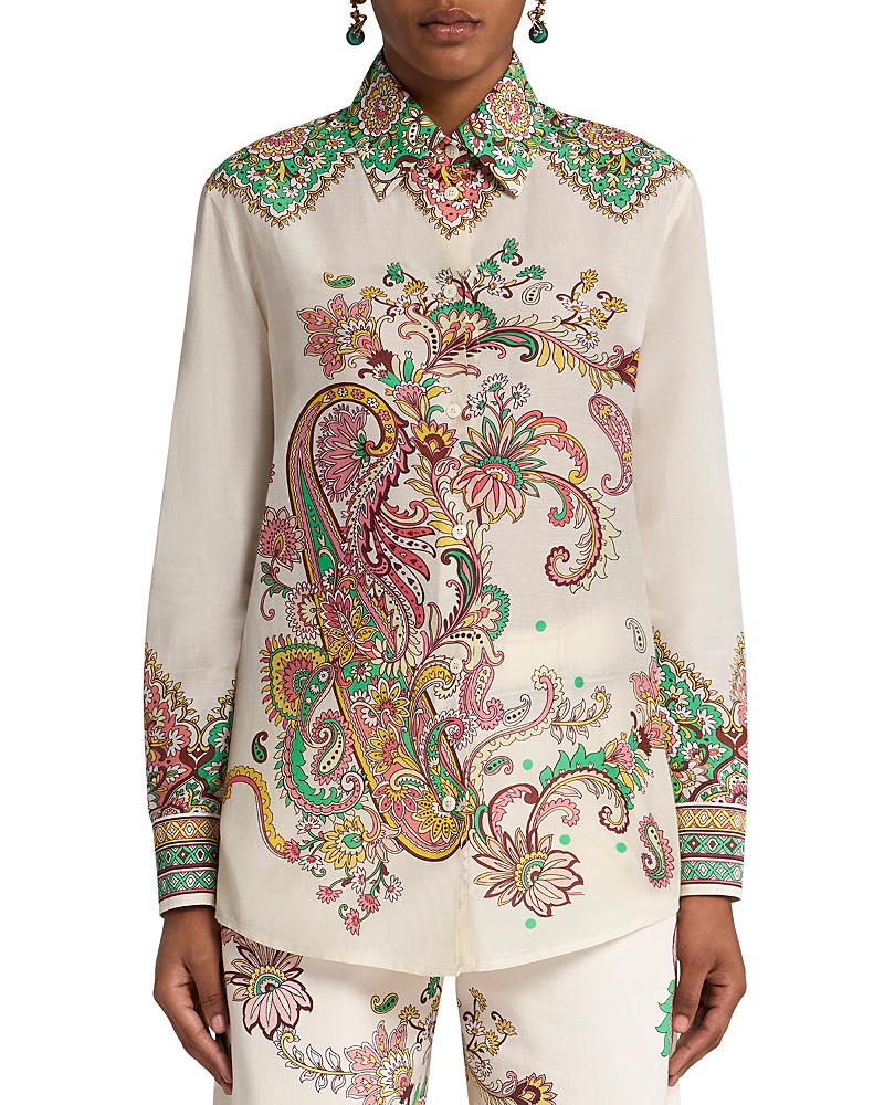 Etro Lucky Charm Paisley Bordura Cotton Voile Blouse In Print On White