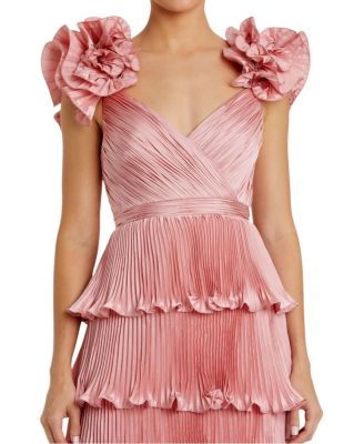 Pleated Charmeuse Tiered Gown with Ruffle Straps