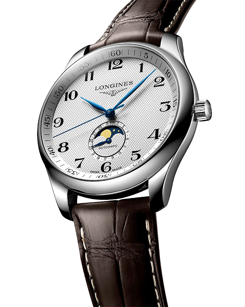 Longines Master Collection Moonphase Automatic Leather Strap Watch, 42mm In White/brown