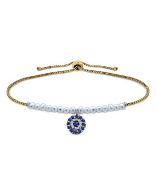 AQUA - Evil Eye Charm & Freshwater Pearl 18K Yellow Gold Plated Sterling Silver Bolo Bracelet - Exclusive