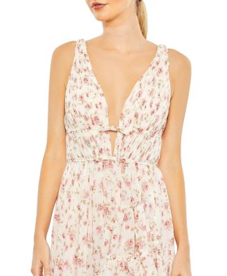 Floral Print Sleeveless Ruffled High-Low Gown