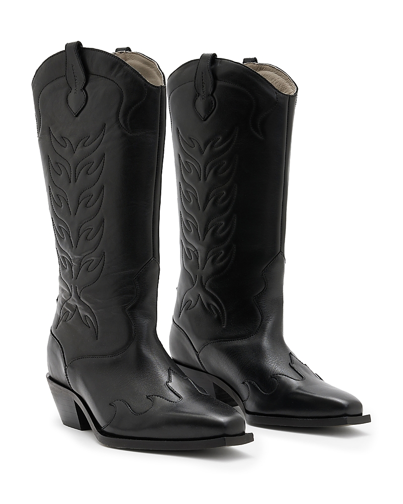 Allsaints Womens Black Dolly Embroidered-stitch Leather Western Boots In Black