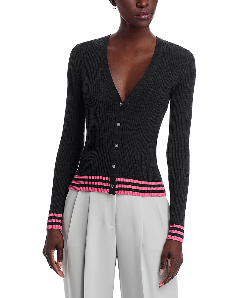 Theory Wool V Neck Cardigan Sweater In Black/bright Pink