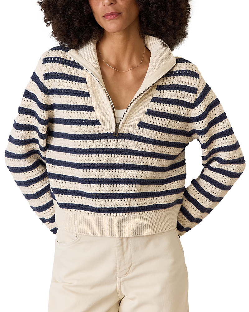 Marine Layer Stripe Open Stitch Quarter Zip Sweater In Cream
