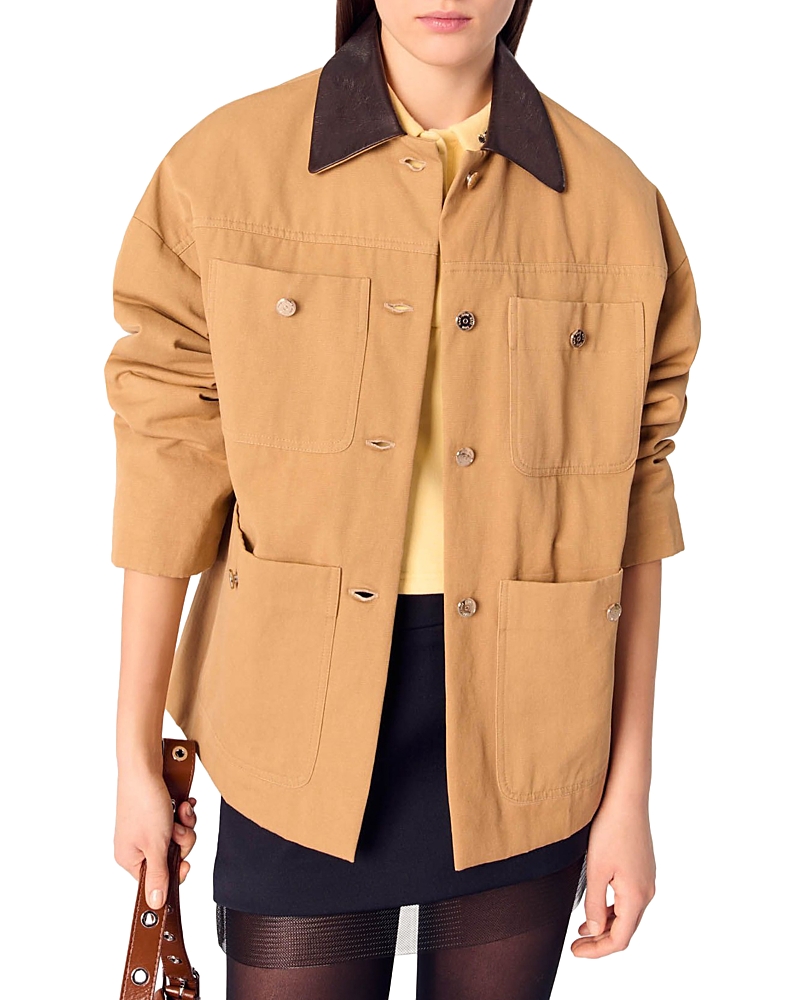 Maje Leather Collar Cotton Coat