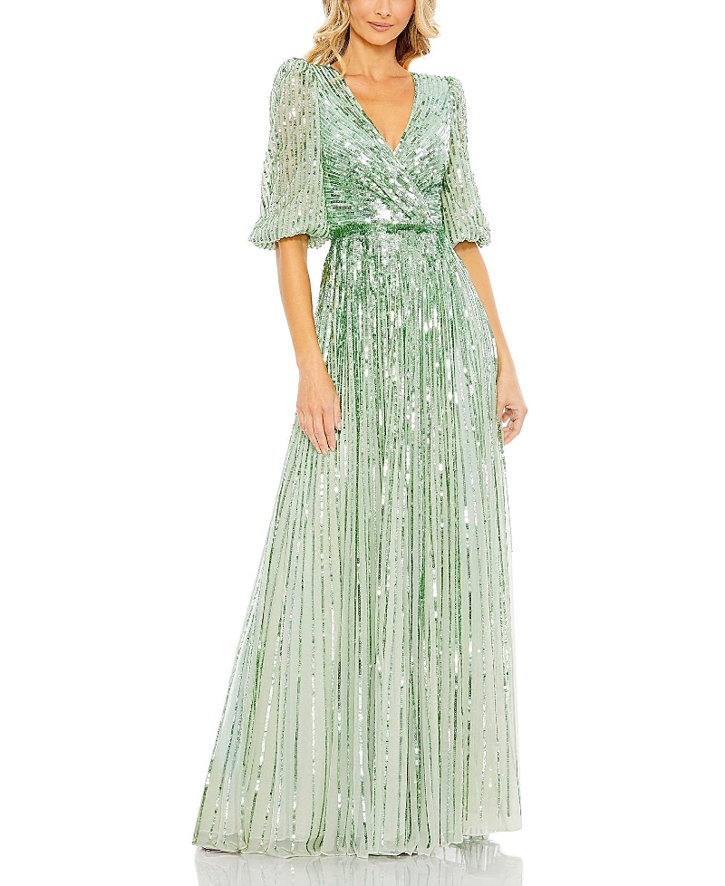 Mac Duggal Sequin Surplice Tulle Gown In Sage