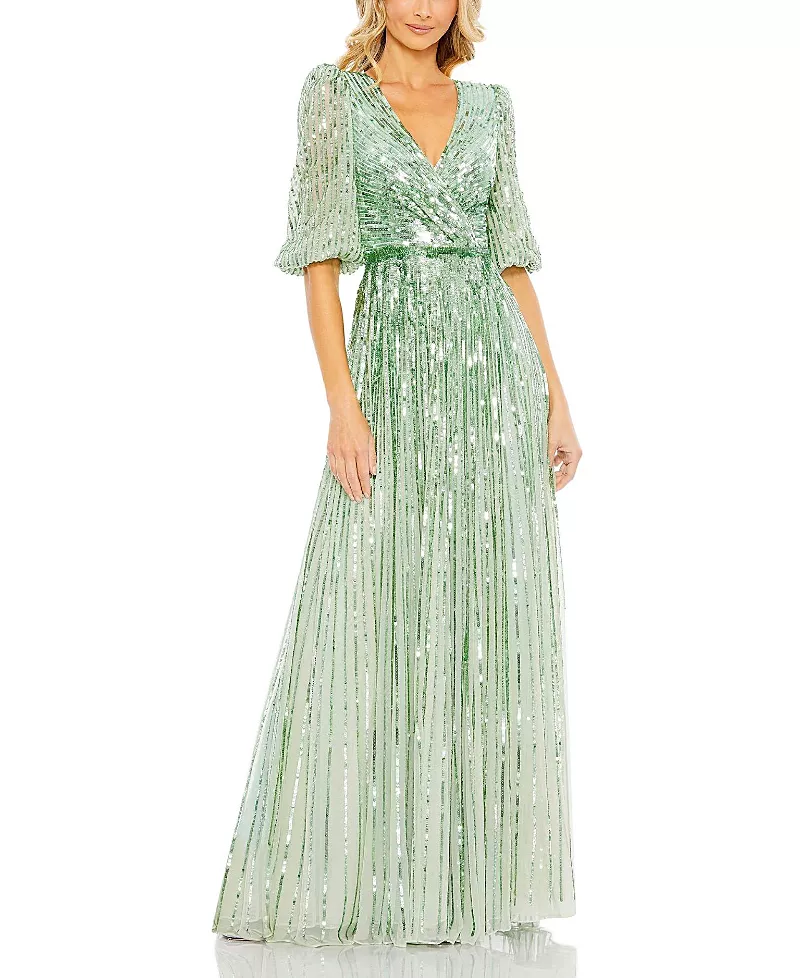 Mac Duggal Sequined Wrap Over 3/4 Sleeve Gown