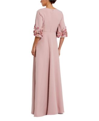  Satin Elbow Sleeve Gown With Flower Trim