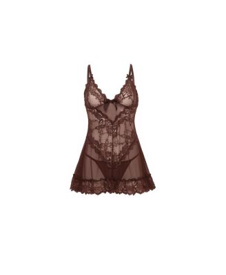Plus Valentine Soft Cup Lace Babydoll with Bows and G-string Panty