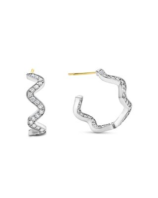 Sterling Silver Caviar Spark Diamond Wavy Huggie Hoop Earrings 