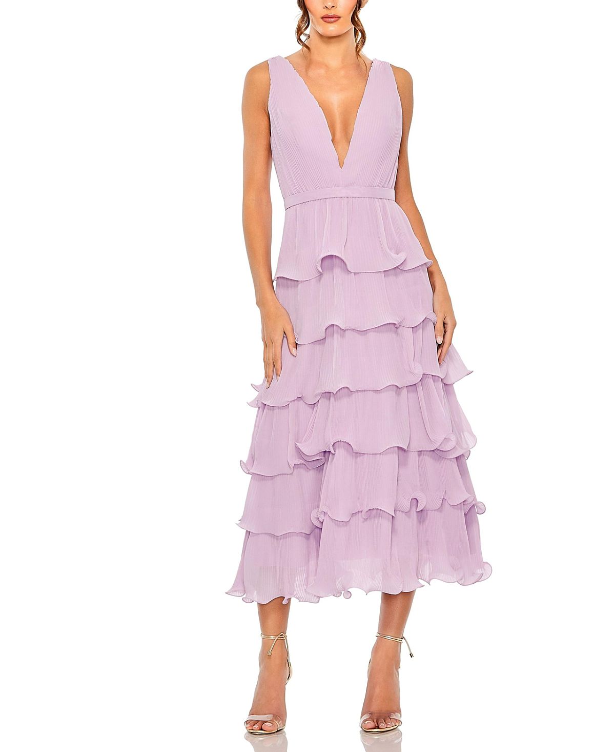 Mac Duggal Deep V Chiffon Sleeveless Ruffle Midi Dress