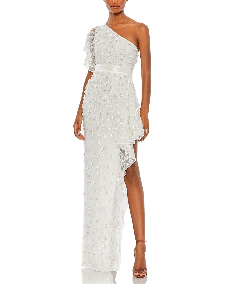 Mac Duggal One-shoulder Beaded 3d Embellishments Gown In White
