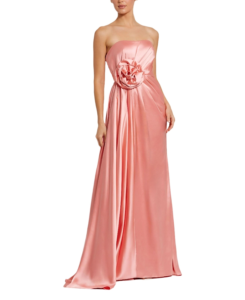 Mac Duggal Strapless Satin Gown With 3d Flower In Coral