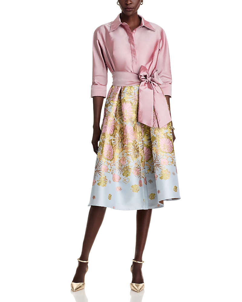 Teri Jon by Rickie Freeman Mixed Media Floral Jacquard Shirt Dress