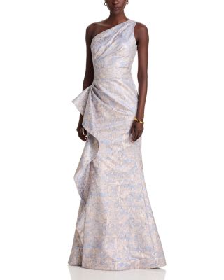 Teri Jon by Rickie Freeman Metallic Jacquard One-Shoulder Gown