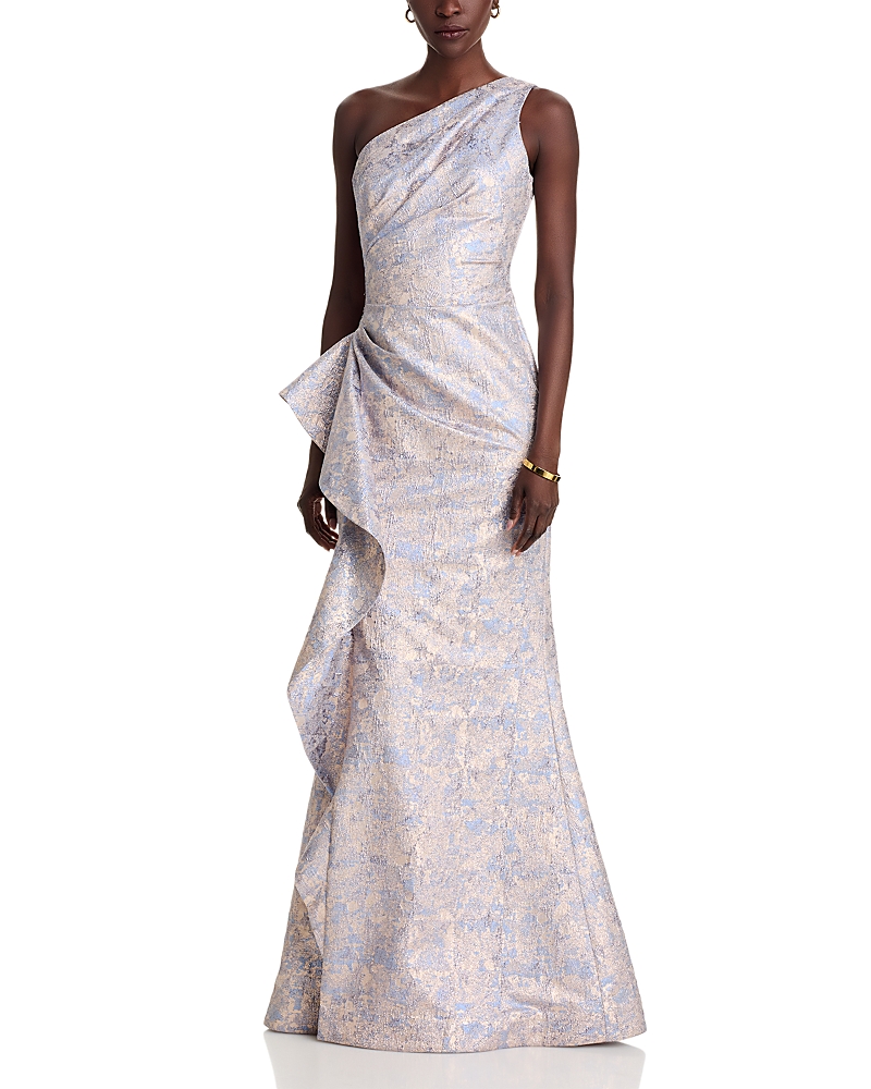 Teri Jon by Rickie Freeman Metallic Jacquard One-Shoulder Gown