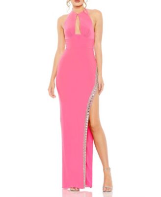 Mac Duggal - Jersey Halter Neck Beaded Slit Detail Gown