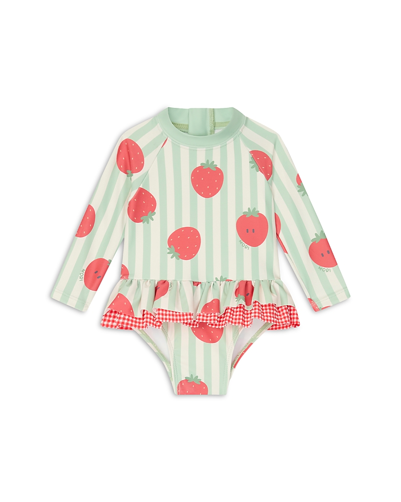 Shop Mori Girls' Strawberry Ruffled One Piece Rash Guard Swimsuit - Baby In Strawberry Green