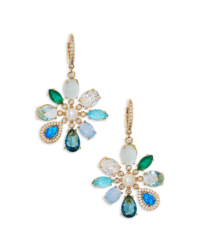 Nadri Blue Lagoon Mixed Stone Flower Drop Earrings In 18k Gold Plated In Gold