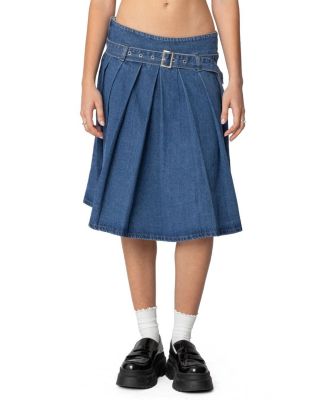 Edikted - Belted Pleated Denim Midi Skirt