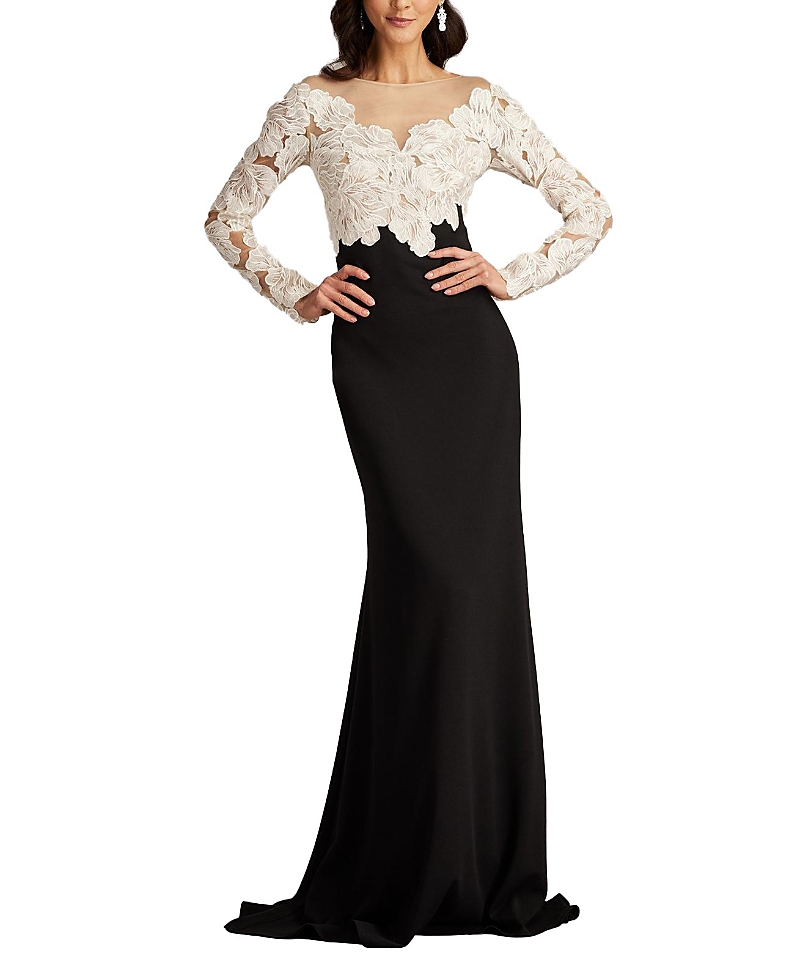 Tadashi Shoji Floral-embroidered Crepe Trumpet Gown In Black/ivory