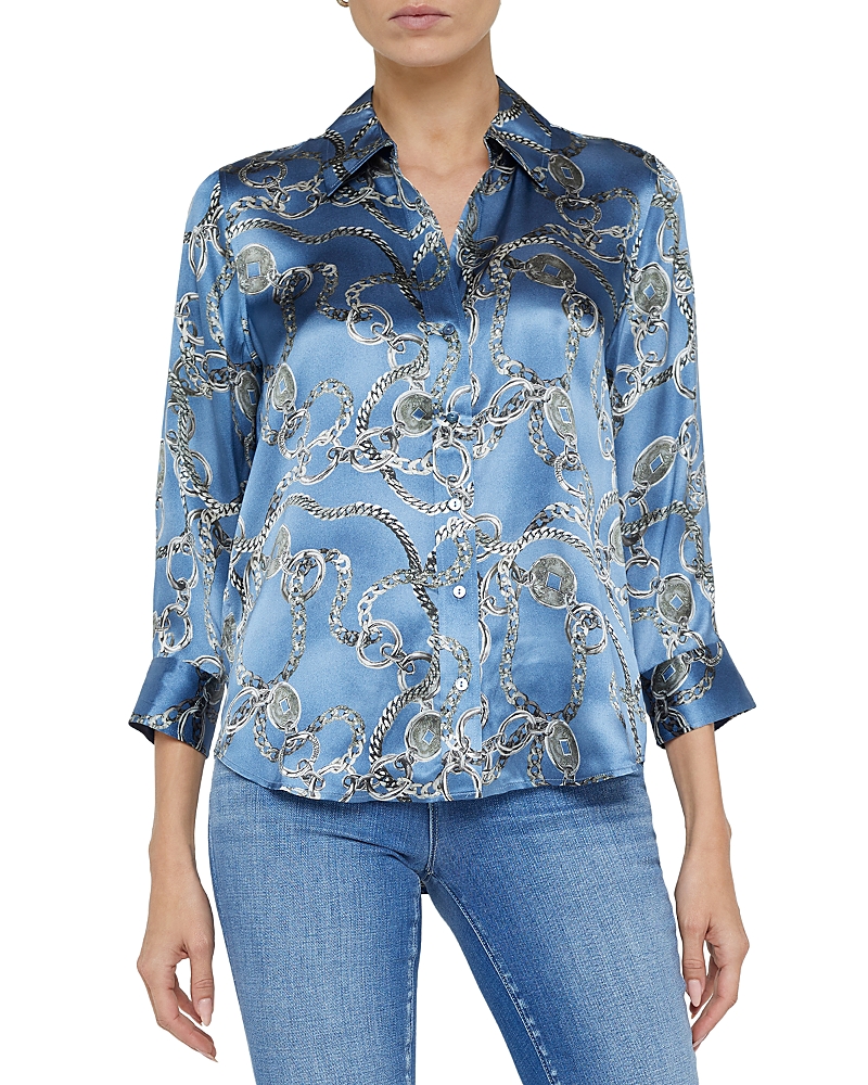 L Agence Dani Silk Blouse In Blue Horizon/silver