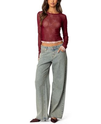  Lacey Sheer Mesh Crew Neck Top